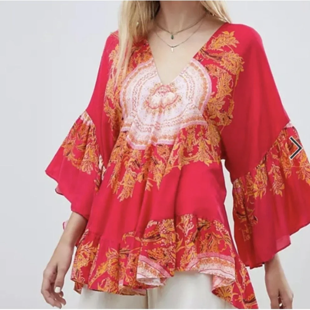 Free‎ People Sunset Dreams Tunic Top Womens L Red Flared Sleeve V-Neck Boho